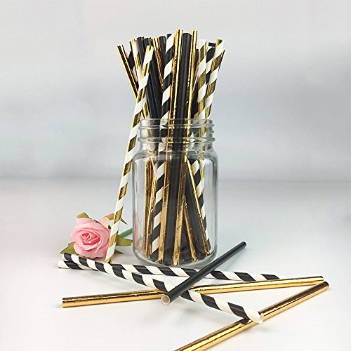 Product Cover Biodegradable Stripe Straws Gold and Black Paper Drinking Straws for Party 100 Pcs 7.75 Inches for Adult and Kids by Youmewell