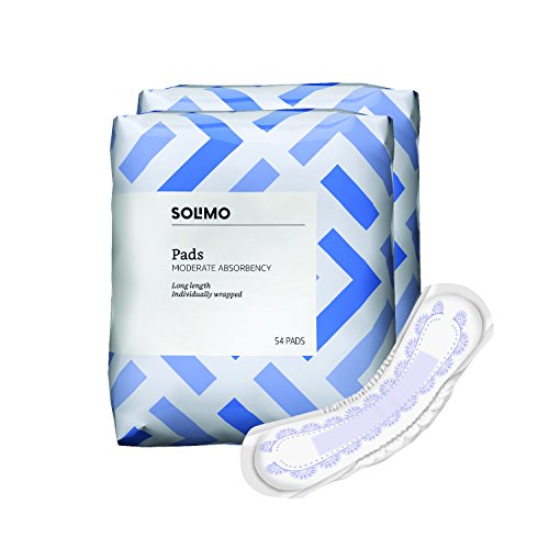 Product Cover Amazon Brand - Solimo Incontinence/Bladder Control Pads for Women, Moderate Absorbency, Long Length, 108 Count (2 packs of 54)