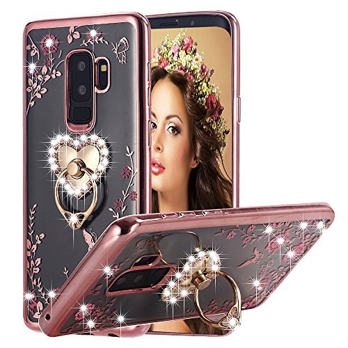 Product Cover Miniko Galaxy S9 Plus Case Pink Ring, Miniko(TM) Soft Slim Bling Rhinestone Floral Crystal TPU Plating Rubber Case with Detachable 360 Diamond Finger Ring Holder Stand for Galaxy S9 Plus