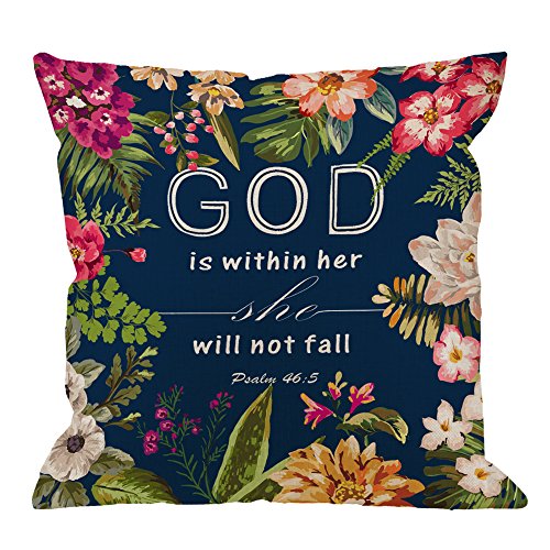Product Cover Flowers Pillow Covers - Christian Quotes Throw Pillow Case,Bible Verses God is Within Her She Will Not Fall Psalm 46 10 Cotton Linen Square Pillow Cover for Men/Women/18x18 inch