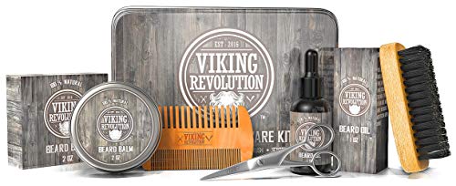 Product Cover Viking Revolution Beard Care Kit for Men - Ultimate Beard Grooming Kit Includes 100% Boar Men's Beard Brush, Wooden Beard Comb, Beard Balm, Beard Oil, Beard & Mustache Scissors in a Metal Gift Box