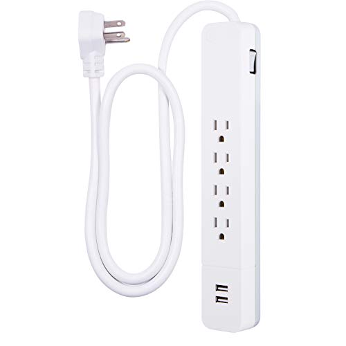 Product Cover GE 4 Outlet Total 10W/2.1A 2 USB Surge Protector, 3 Ft Long Extension Cord, for iPhone 11 Max/XS/XR/X/8, iPad Pro, Samsung Galaxy, Google Pixel, 560 Joules, UL Listed, White/Gray, 37212