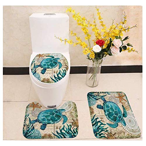 Product Cover Bathroom Mat Set Toilet Seat Cover Sea Blue Marine Turtle Whale Seahorse Octopus Printed Polyester No Smell Washable Anti-Slip (Turtle)