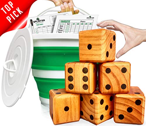 Product Cover Splinter Woodworking Co Yardzee & Yard Farkle Giant Yard Dice Set (All Weather) with Collapsible Bucket and Lid, Big Laminated Score Cards & Dry Erase Marker | Backyard Lawn Game | Indoor | Outdoor