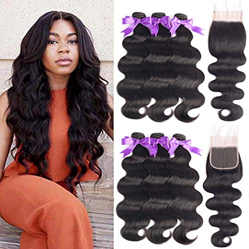 Product Cover Beaudiva Hair Brazilian Human Hair Body Wave 3 Bundles with Closure (20 22 24+18 Free Part) Unprocessed Brazilian Body Wave Human Hair Double Weft with Lace Closure 4×4 Free Part