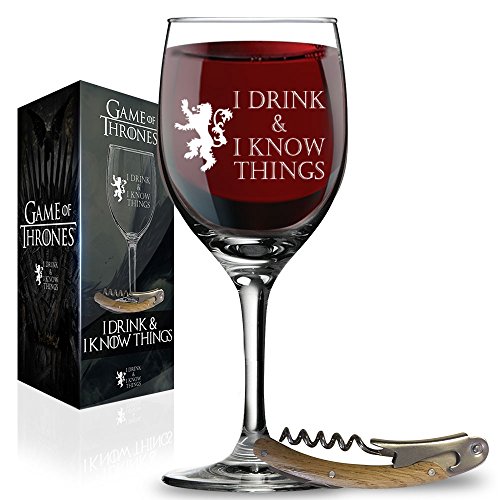 Product Cover I Drink and I Know Things Wine Glass + FREE Bottle Opener Made In Casterly Rock - Game Of Thrones Inspired - Funny Novelty Gift - With Unique Gifts box included by Desired Cart