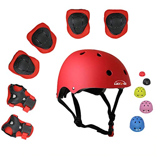 Product Cover Lucky-M Kids Outdoor Sports Protective Gear,Boys and Girls Safety Pads Set [Helmet,Knee&Elbow Pads and Wrist Guards] for Roller, Scooter, Skateboard, Bicycle(3-8 Years Old) (Red)