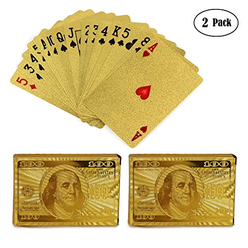 Product Cover KISEER 2 Pack 24K Gold Foil Playing Cards Waterproof Gold Plated Poker for Table Game or Magic (100 Dollar Pattern)