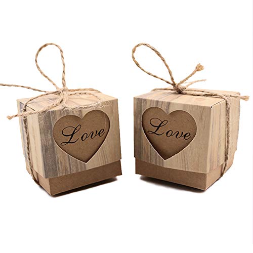 Product Cover VGOODALL Rustic Candy Boxes,100pcs Wedding Favor Boxes,Love Kraft Bonbonniere Paper Boxes with Burlap Jute Twine for Bridal Shower Wedding Birthday Party Rustic Wedding