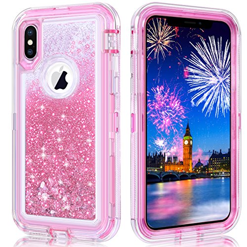 Product Cover WOLLONY for iPhone X Case,for iPhone 10 Case, 360 Full Body Shockproof Liquid Glitter Quicksand Bling Case Heavy Duty Bumper Soft Non-Slip Clear Rubber Protective Cover for Apple iPhone Xs,X (Pink)