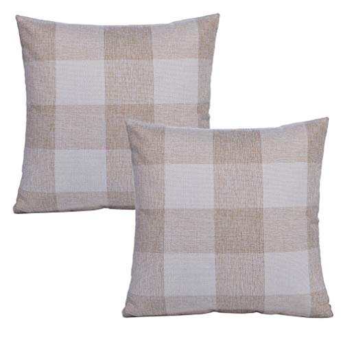 Product Cover SEEKSEE Set of 2 Buffalo Check Beige and White Plaid Throw Pillow Covers Cushion Cover Cotton Linen for Fall Farmhouse Decor, 18 x 18 Inches