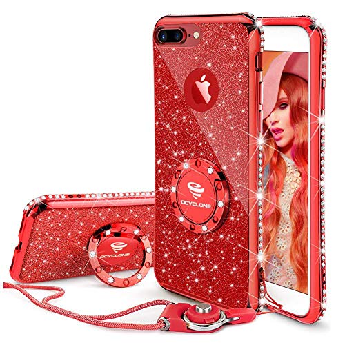 Product Cover Cute iPhone 8 Plus Case, Cute iPhone 7 Plus Case, Glitter Luxury Bling Diamond Rhinestone Bumper with Ring Grip Kickstand Protective Thin Girly Red iPhone 8 Plus/ 7 Plus Case for Women Girl - Red