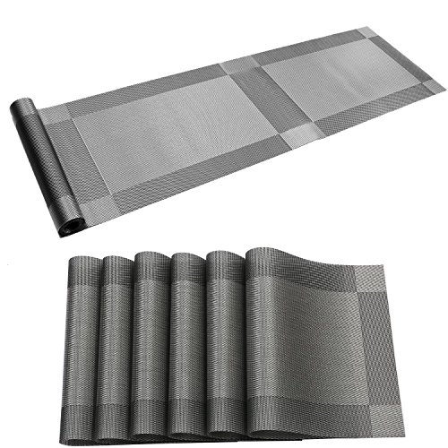 Product Cover U'Artlines Placemat with Compatible Table Runner, Crossweave Insulation Placemat Washable Table Mats Set (6pcs placemats+Table Runner, Gray)