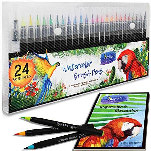 Product Cover Premium Watercolor Real Brush Pens by Sophie's Art Supplies [24 Pack]. Vibrant Water Soluble Ink. Flexible Brush Tips for Watercolor Effects, Coloring and Calligraphy. Free Blending Brush + Pad!