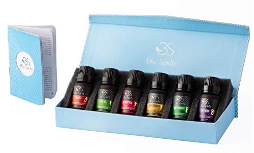 Product Cover Premium Grade Essential Oils Set - BluSpirits Pack of 6 Therapeutic Grade oil for Aromatherapy (Lavender, Orange, Peppermint, Eucalyptus, Tea Tree, Lemongrass) (6) with free blend booklet