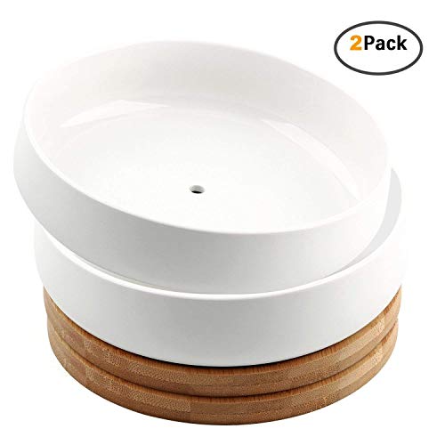 Product Cover 6 Inch Modern White Ceramic Round Succulent Cactus Planter Pot with Drainage Bamboo Tray