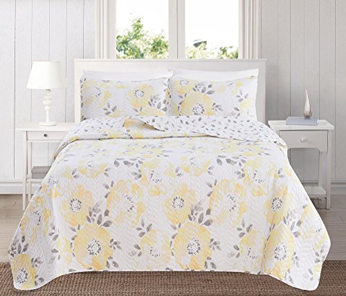 Product Cover Great Bay Home 3-Piece Reversible Quilt Set with Shams. All-Season Bedspread with Floral Printed Pattern in Bright Colors. Helene Collection Brand. (Full/Queen, Yellow)
