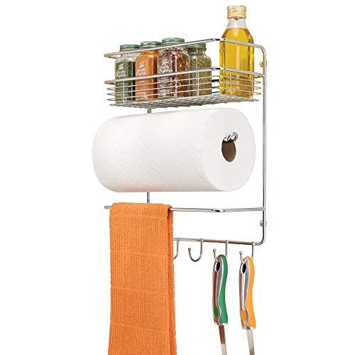Product Cover mDesign Metal Wall Mount Paper Towel Holder with Storage Shelf and Hooks for Kitchen, Pantry, Laundry, Garage Organization - Holds Spices, Seasonings, Pot Holders, Cookware - Chrome