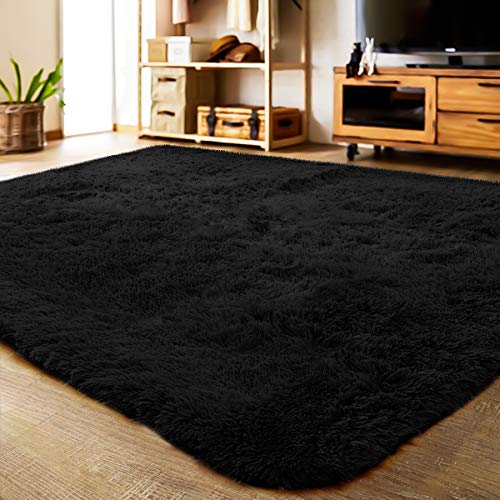 Product Cover LOCHAS Ultra Soft Indoor Modern Area Rugs Fluffy Living Room Carpets Suitable for Children Bedroom Home Decor Nursery Rugs 4 Feet by 5.3 Feet (Black)