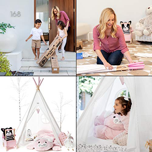 Product Cover Hippococo Teepee Tent for Kids: Large Sturdy Quality 5 Poles Play House Foldable Indoor Outdoor Tipi Tents, True White Canvas, Floor Mat, Pink Heart Accessory, Family Fun Crafts eBook Included (Pink)