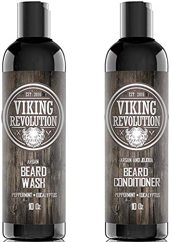 Product Cover Viking Revolution Beard Wash & Beard Conditioner Set w/Argan & Jojoba Oils - Softens, Smooths & Strengthens Beard Growth - Natural Peppermint and Eucalyptus Scent - Beard Shampoo w/Beard Oil (10 oz)