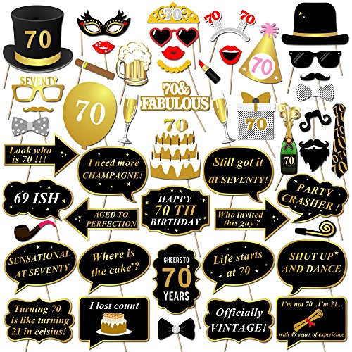 Product Cover Konsait 70th Birthday Party Photo Booth Props with Stick (50Counts) for Her Him Funny Chic 70th Birthday Black and Gold Decorations, 70 Happy Birthday Party Favors Supplies for Adults Men and Women