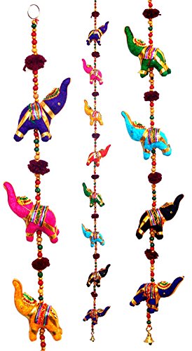 Product Cover Tribe Azure Fair Trade 5 Elephant Bell Hanging, Door Wall Living Room Bedroom Decor Art Decorative Colorful Animal Boho Hippie Gypsy Chime Ethnic
