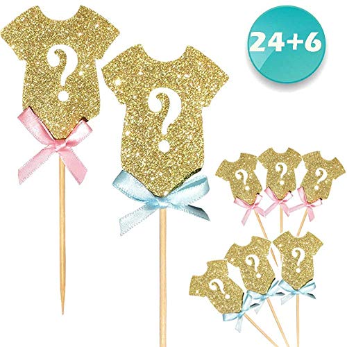 Product Cover 24-Pack Glitter Gender Reveal Cupcake Toppers, Gender Reveal Baby Shower Party Cake Food Decoration Supplies