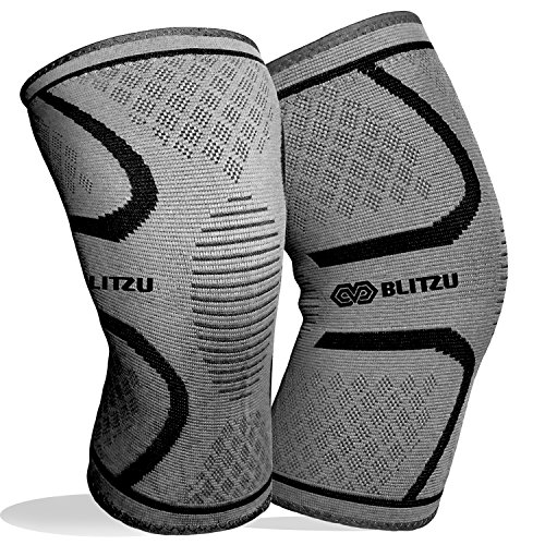 Product Cover BLITZU Flex Plus Compression Knee Brace for Joint Pain, Crossfit Improve Circulation Support for Running Gym Workout Recovery Best Sleeves Tendon Hinged P90x3 (Medium, Gray)