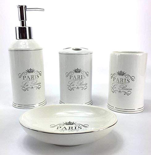 Product Cover WPM 4 Piece Bathroom Accessory Set. White Classic French Provincial Bath Gift Set includes liquid soap/lotion dispenser, toothbrush holder, tumbler, and soap dish.