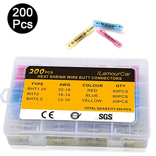 Product Cover 200pcs ILamourCar Heat Shrink Butt Connectors Terminals - Waterproof, Automotive Marine Grade Electrical Terminals, Crimp Butt Splice Terminal Kit, 10-22 AWG Wire Connector Kit(3 colors 3 sizes)