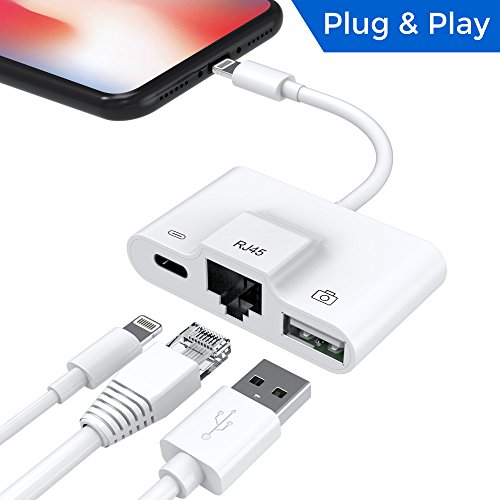 Product Cover Lightning to RJ45 Ethernet LAN Wired Network Adapter, Lightning Ethernet Adapter, Lightning to USB Camera Adapter, Charging & Data Sync OTG Adapter Compatible with iPhone/iPad, Required iOS 10.0 or Up