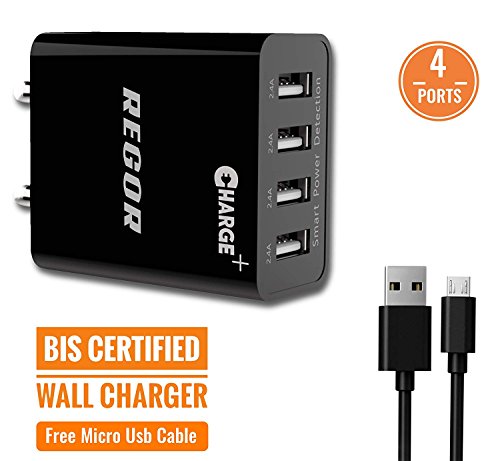 Product Cover Regor [4 Port] 5 Amp Wall Charger Adapter/BIS Certified/Indian Plug for Mobiles&Tablets + Free Micro USB Cable