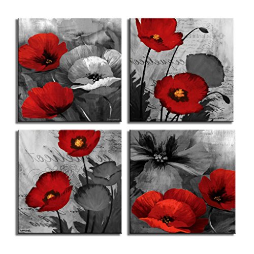 Product Cover LKY ART Red Wall Art Elegant Poppy Red Flower Wall Art Plant Abstract Art Poppy Canvas Wall Art Painting Picture for Living Room Wall Decor Wood Frame Stretched Easy to Hang 4 Panel 12x12x4