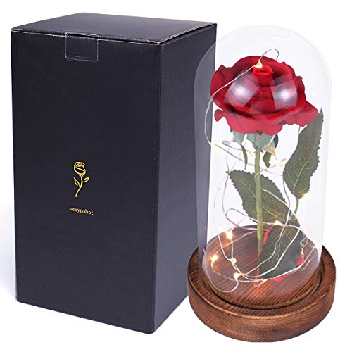 Product Cover sexyrobot Beauty and The Beast Rose, Enchanted Red Silk Flower with LED Glass Dome for Valentine's Day Mother's Day Christmas Anniversary Birthday Thanksgiving Decoration Gift