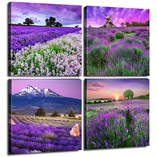 Product Cover Pastoral Home Decor Canvas Wall Art - Purple Lavender Flowers Pictures Provence Fields Landscape Paintings Living Room Bedroom Bathroom Decoration Stretched And Framed Sets of 4 Pieces 12x12