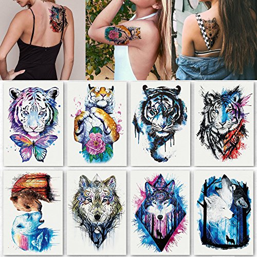 Product Cover Kotbs 8 Sheets Temporary Tattoo for Man Guys Women Waterproof Large Fake Tattoo Temporary Tattoos Body Sticker Arm Shoulder Chest Back Makeup Tiger Wolf Design