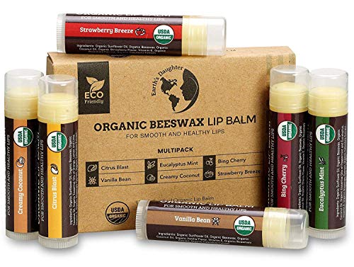 Product Cover USDA Organic Lip Balm 6-Pack by Earth's Daughter - Fruit Flavors, Beeswax, Coconut Oil, Vitamin E - Best Lip Repair Chapstick for Dry Cracked Lips.