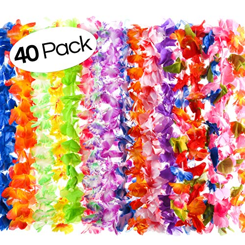 Product Cover 40 Count Hawaiian Flower Lei for Luau Party - Bulk Set of Floral Necklace Leis Vibrant Colors Assortment for Party Favors, Garland Decorations or Ornaments for Any Occasion