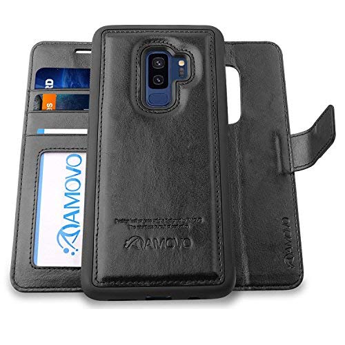 Product Cover AMOVO Galaxy S9 Plus Case [2 in 1], Samsung Galaxy S9 Plus Wallet Case [Detachable Wallet Folio] [Premium Vegan Leather] Samsung S9 Plus Flip Case Cover with Gift Box Package (Black, S9+)