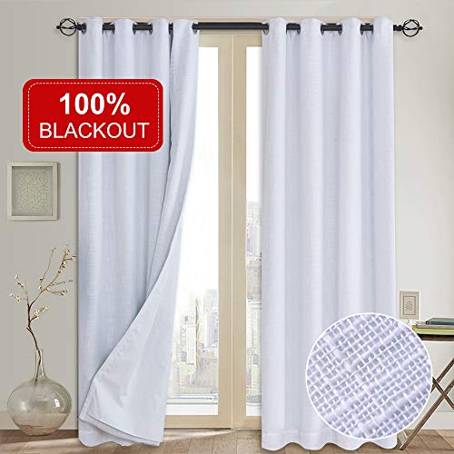 Product Cover Primitive Linen Look,100% blackout curtain(with Liner)White blackout curtains& Blackout Thermal Insulated Liner,Grommet Curtains for Living Room/Bedroom,burlap curtains-Set of 2 Panels(50x96 White)p2