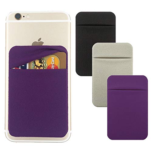 Product Cover 3Pack Cell Phone Card Holder[Double Secure With Pocket for ID/Credit Cards] for Back of Phone,Stick On Card Wallet Sticker Stretchy Lycra Fabric for iPhone,Android and Smartphones-Purple,Silver,Black