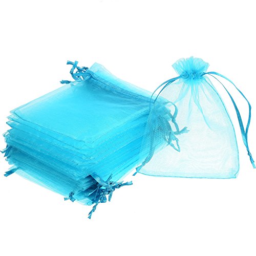 Product Cover Mudder 50 Pack Organza Gift Bags Wedding Party Favor Bags Jewelry Pouches Wrap, 4 x 4.72 Inches (Aqua Blue)