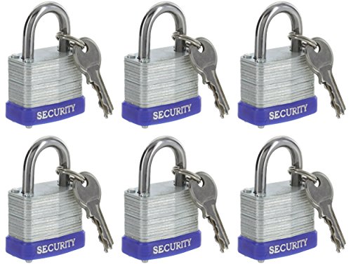 Product Cover Pack of 6, Laminated Solid Steel Padlocks Hardened Shackle, Heavy Duty Lock with Shackle, Wide Body Keyed Alike Laminated Steel Pin Tumbler Keys Included Outdoor Security Lock