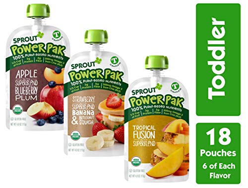 Product Cover Sprout Organic Stage 4 Toddler Food Power Pak Pouches, Variety Pack, 4 Ounce (Pack of 18) 6 of Each Superblend: Tropical Fusion, Strawberry Banana Butternut & Apple Blueberry Plum