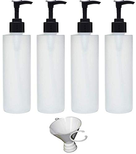 Product Cover Earth's Essentials Four Pack of Refillable 8 Oz. HDPE Plastic Pump Bottles with Patented Screw On Funnel-Great for Dispensing Lotions, Shampoos and Massage Oils.
