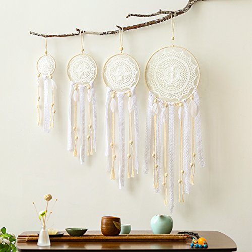Product Cover HiPlus 4 PCS BOHO Handmade White Feather Native Macrame Dream Catchers,Wedding Party Favor,Nursery Decor,Baby Shower,Birthday Gift,Bedroom Wall Ornaments Car Hanging Decoration