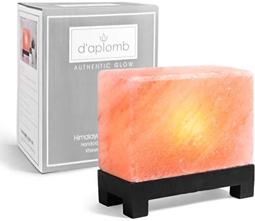 Product Cover 100% Authentic Natural Himalayan Salt Lamp; Hand-Carved Modern Rectangle in Pink Crystal Rock Salt from The Himalayan Mountains; Footed Wood Base, UL-Listed Dimmer Cord + Extra Bulb; 11.5 lbs