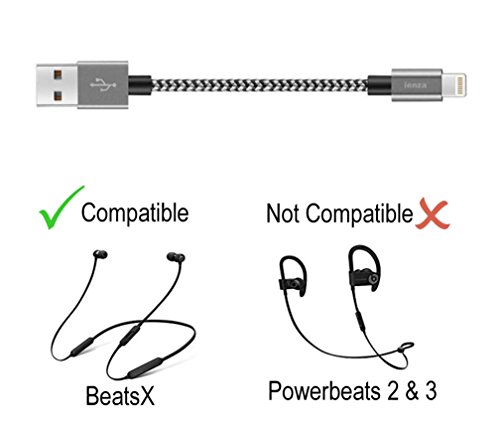 Product Cover Portable Easy-to-Carry Short USB Charge Power Cable Cord for BeatsX Wireless in-Ear Headphones and iPhone X, 8, 8 Plus, 7, 7 Plus, 6s Plus, 6s: Great with Powerbanks (Silver-Black)