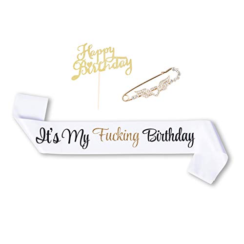 Product Cover SMIRLY Happy Birthday Sash Birthday Accessories Its My Fing Birthday Sash with Funny Saying in Black and Gold Glitter Letters, Pin and Cake Topper - Adult Birthday Party Accessories for Men and Women